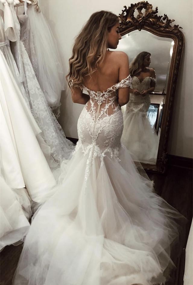 New Sexy Country Mermaid Wedding Dresses Deep V Neck Lace Appliques Beaded Backless Tulle Sweep Train Plus Size Formal Bridal Gowns 6660306