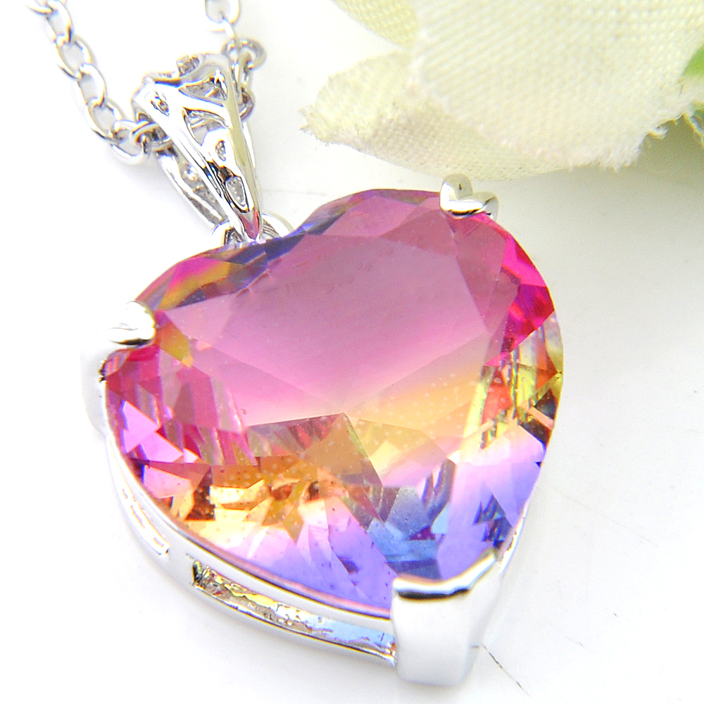 Luckyshine Woman Heart Bi colored Tourmaline Pendants 925 Silver Necklace Pendant Jewelry