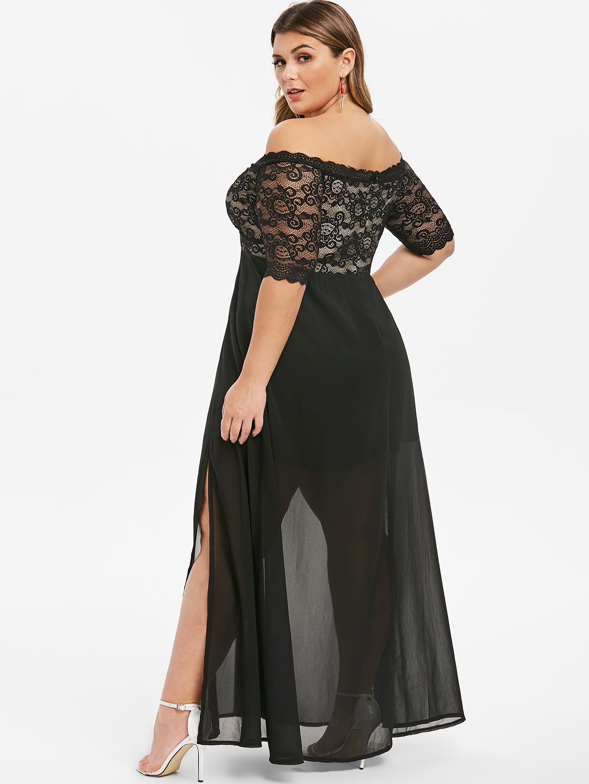 Cheap Black Lace Plus Size Prom Dresses Off The Shoulder Short Sleeves Evening Gowns A E Ankle Length Chiffon Side Split Formal Dress