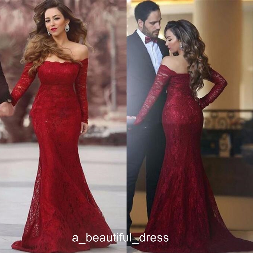 Burgundy Lace Dresses Long Sleeves Off Shoulder Prom Dresses Evening Party Dresses Plus Size Dress Free Shipping ED5558