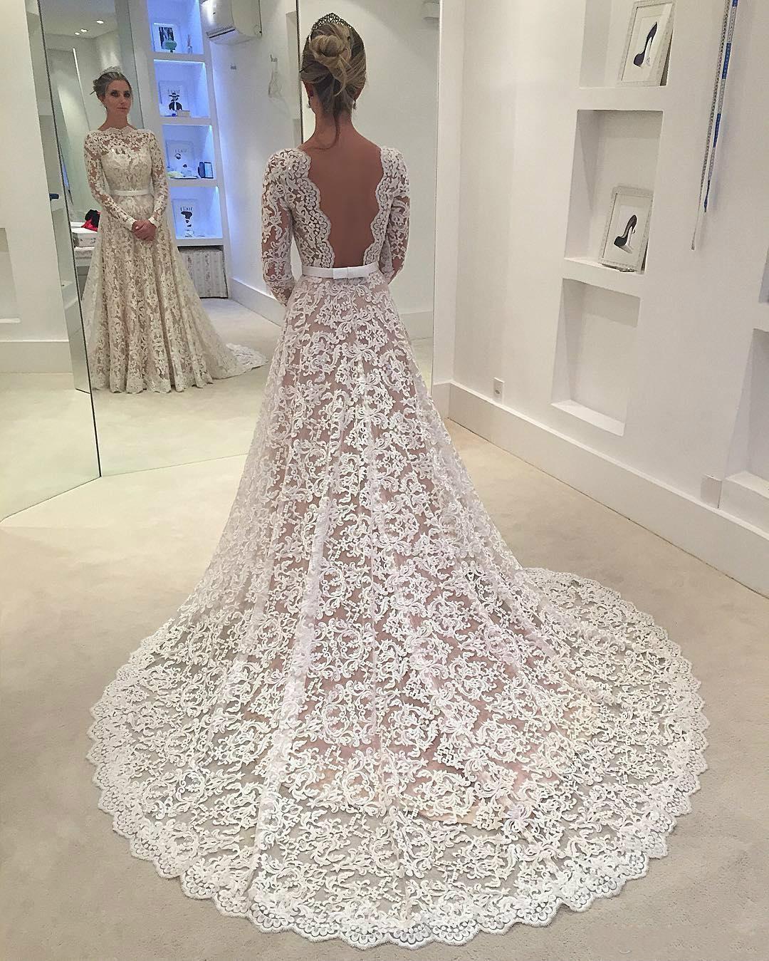 Robe De Soiree Long Sleeves 2020 Lace Wedding Dresses Arabic Lace Sheer Bateau Neck Custom Made See Through Back Bridal Gowns with Belt