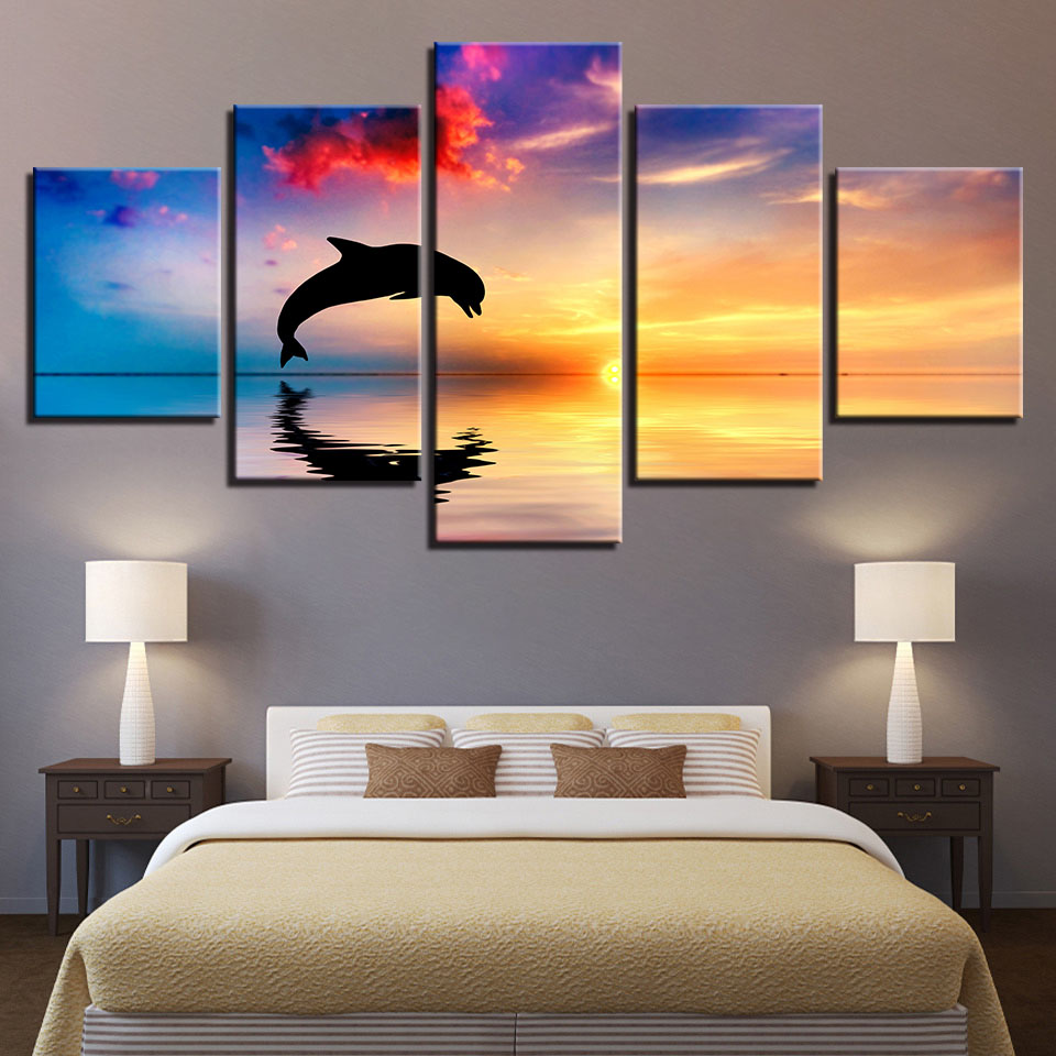 Canvas HD Prints Pictures Living Room Wall Art 5 Pieces Dolphins Swim Jump Paintings Home Decor Sunset Seascape Poster No Frame