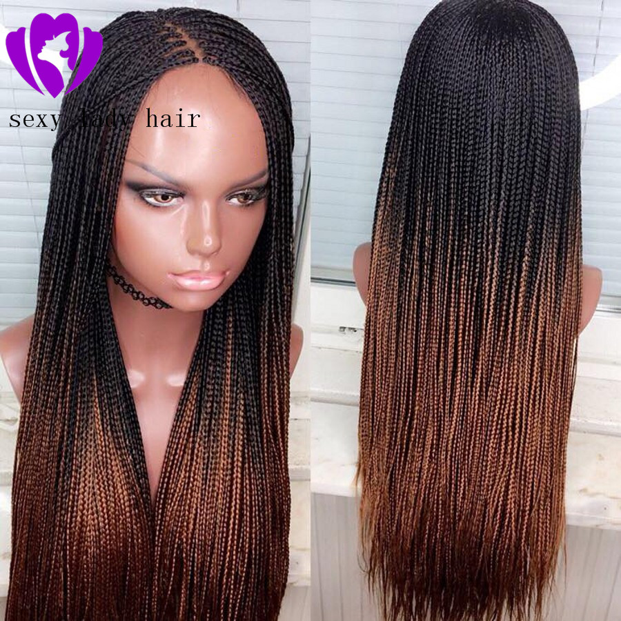 Hotselling Ombre brown color braided Lace Wig Long black/burgundy / blonde /brown color Box Braid full Lace Front Wig for black Women
