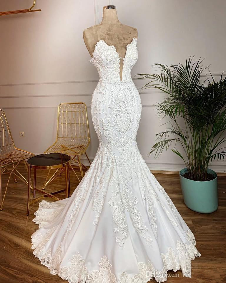 satin lace beaded arabic wedding dresses sweetheart mermaid vintage sexy bridal dresses sweep train wedding gowns