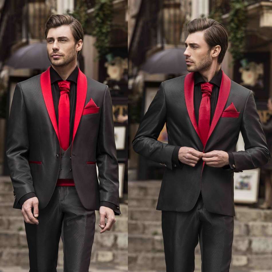 Black Mens Wedding Tuxedos Slim Fit Red Shawl Lapel Groom Pants Suits 2 Pieces Formal Best Men Business Blazer