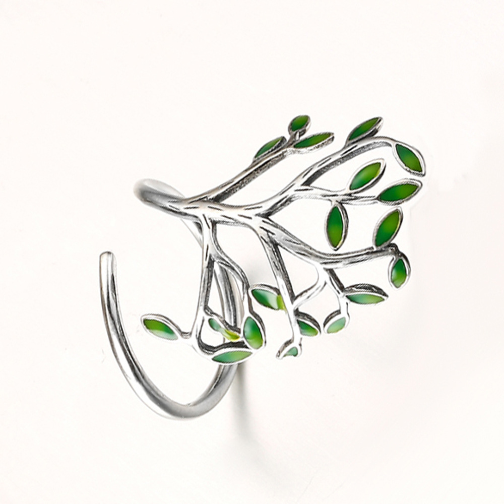 Wholesale-Silver Drop Glaze Leaves Open Rings For Women Original Handmade Lady Prevent Allergy Sterling-silver-jewelry