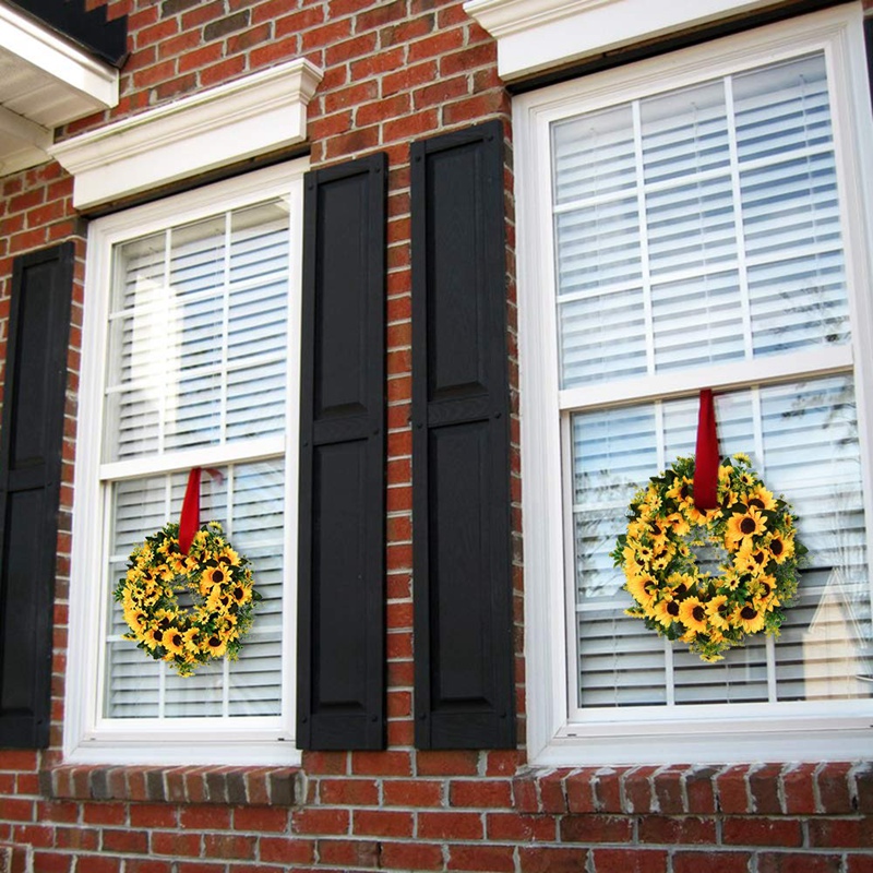 Artificial Sunflower Summer Wreath-16 Inch Decorative Fake Flower Wreath With Yellow Sunflower And Green Leaves For Front Door I