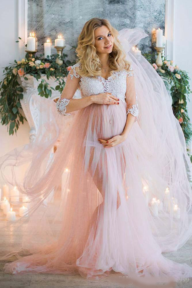 Pink A Line Maternity Wedding Dresses Pregnant Bridal Gowns Sheer Long Sleeves V-Neck Appliques Split Bridal Gowns Custom