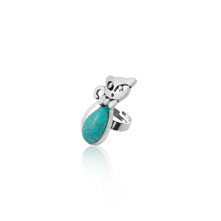 Europe and America Ring Green Pine Ancient Silver Retro Bow Kitten Shape Turquoise Female Ring