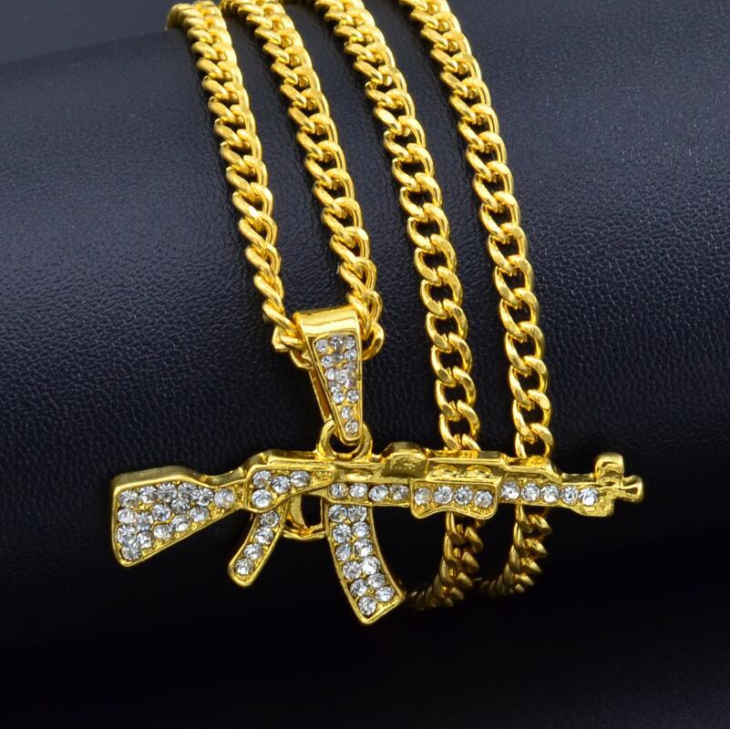 Alloy AK47 Gun Pendant Necklace Iced Out Rhinestone With Hip Hop Miami Cuban Chain Gold Silver Color Men Women Jewelry