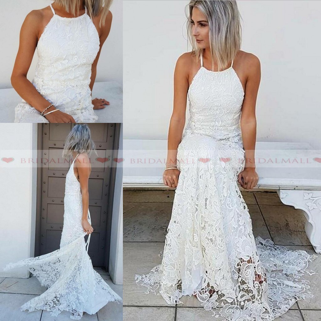 Vintage 2019 Halter Neck White Lace Applique Fitted Boho Wedding Dresses Sexy Backless Beach Bridal Gowns Cheap Custom Made robe de mariée
Vintage 2019 Halter Neck White Lace Applique Fitted Boho Wedding Dresses Sexy Backless Beach Bridal Gowns Cheap Custom Made robe de mariée