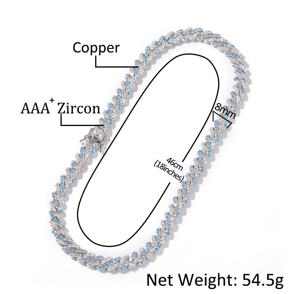 8mm Mens Hip Hop Bling Bling Sea Blue Cubic Zirconia Cuban Link Chain Necklace Bracelet Iced Out Punk Rock Rapper Jewelry Gifts for Men Guys