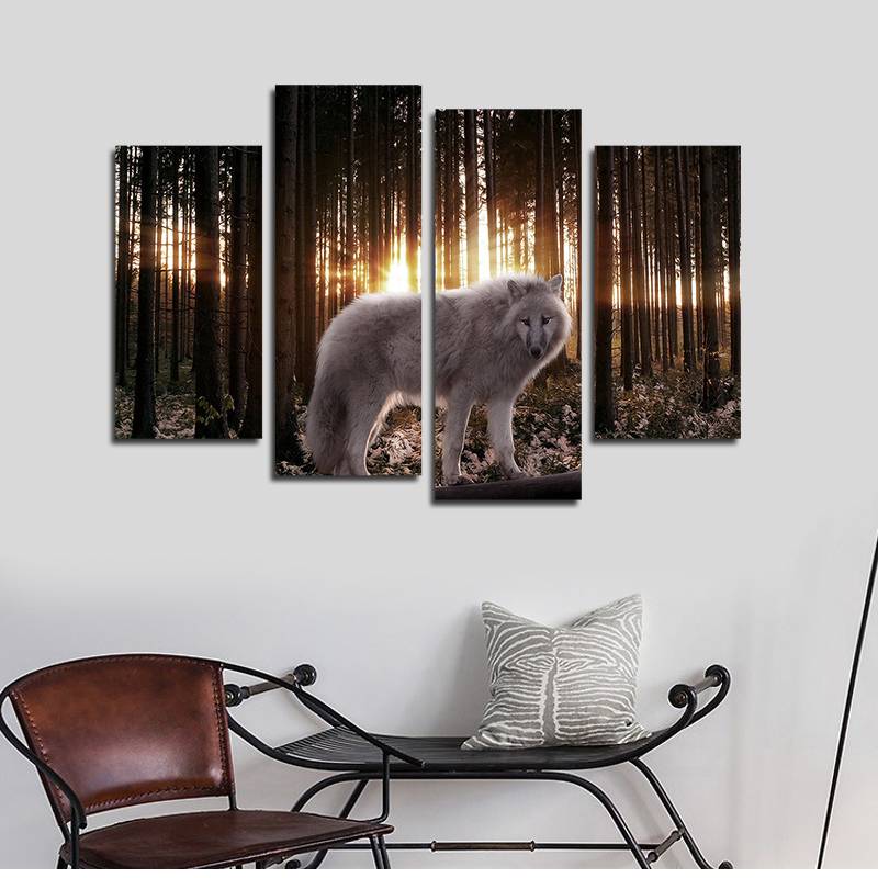 4pcs/set Unframed Single Snow Wolf Forest HD Print On Canvas Wall Art Picture For Home and Living Room Decor