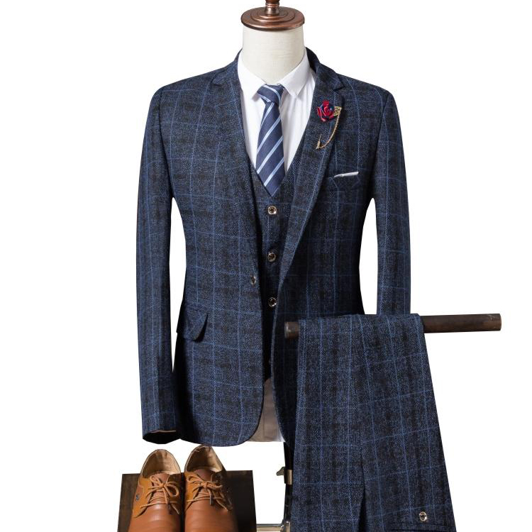 2019 Wedding Tuxedos Navy Blue Check Slim Fit Men's Suits Formal British Plaid Groom Tuxedos Custom Made Jacket Pants Vest