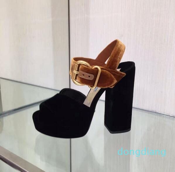 Hot Sale-nuine Leather Velvet Women HIgh Heel Sandals Buckle Strap Platform Women Thick Heel Pumps Shoes Women