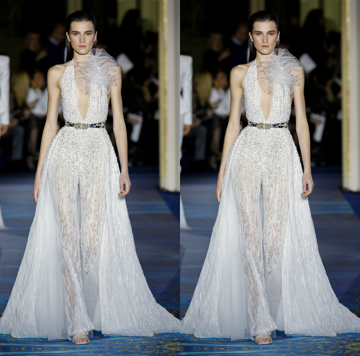 2019 White Women Jumpsuit With Detachable Long Train Deep V Neck Lace Beads Illusion Evening Dress Party Wear Custom Made Prom Gowns