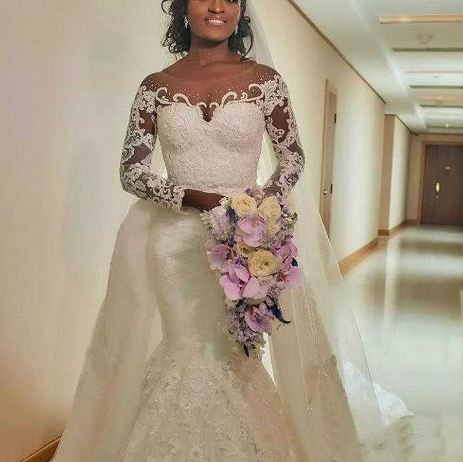 african mermaid wedding dresses long sleeves sheer neck detachable train lace appliques wedding dress bridal gown vestidos de noiva
