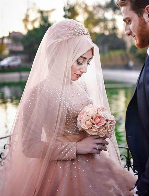 Modest Blush Pink Muslim Arabic Wedding Dresses islamic High Neck Country Beaded Bridal Gowns Long Sleeves Tulle Tiered wedding reception