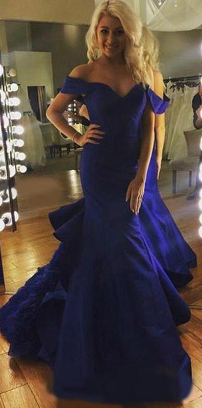 Blue Mermaid Royal Prom Dresses Satin Elegant Off The Shoulder Tiered Skirt Ruched Pleats Plus Sizw African Girl Guraduation Party Gown