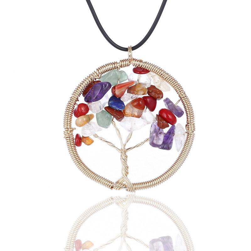 7 Chakra Tree Of Life necklaces Rainbow Natural Stone Quartz druzy Wisdom Tree pendant Black Rope String chains For women Jewelry Gift
