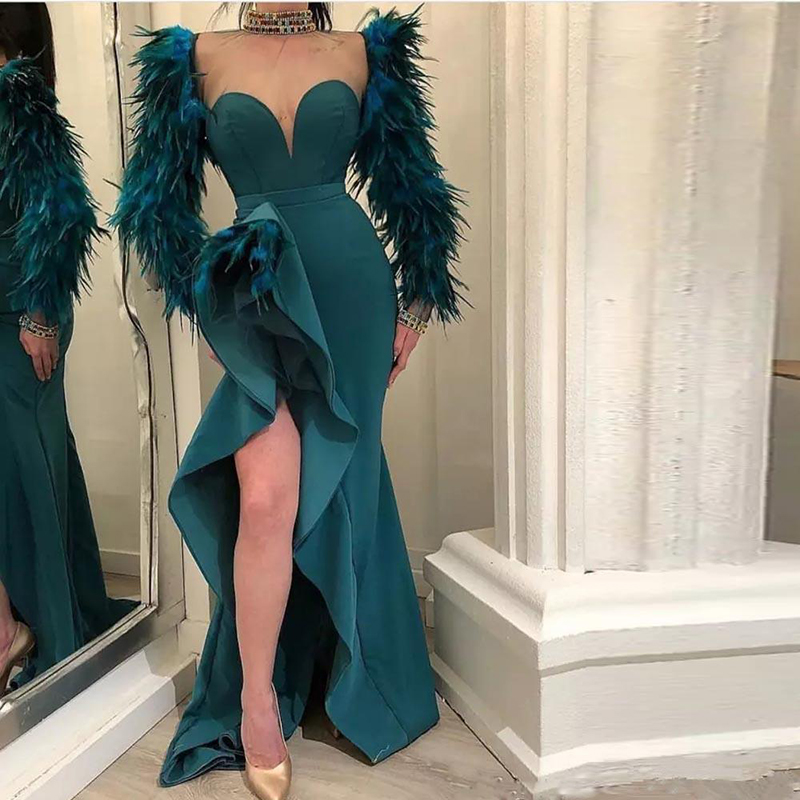 Hunter Green Mermaid Prom Dresses Formal Evening Wear Feather Glamorous Plus Size Long Sleeve Occasion Evening Gown Wear