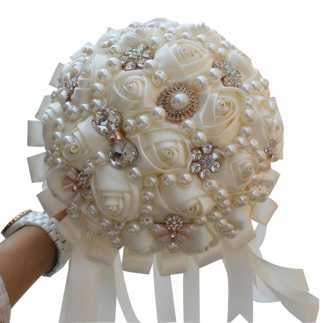 Ivory Silk Satin Rose wedding Flower bouquets multi purple royal blue bridal wedding flowers for bridesmaid diamond pearls crystal decoration 2022