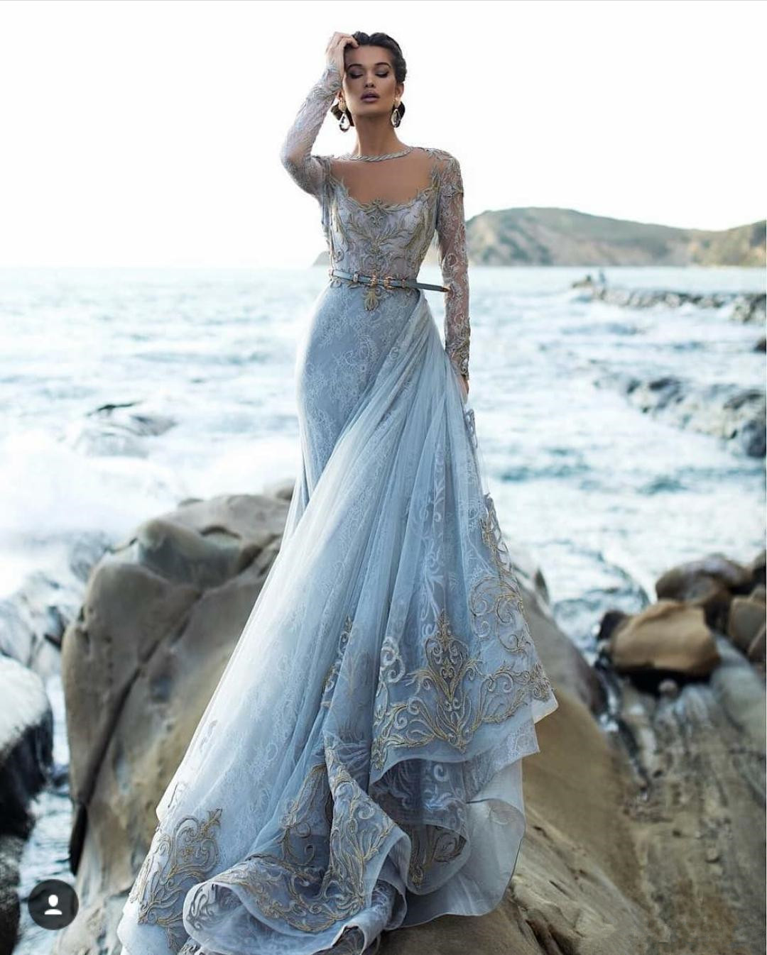 Ligh Sky Blue 2020 Prom Dresses Long Sleeve Beaded Lace Appliqued Evening Dresses Formal Occasion Gowns Vestidos de fiesta Masquerade