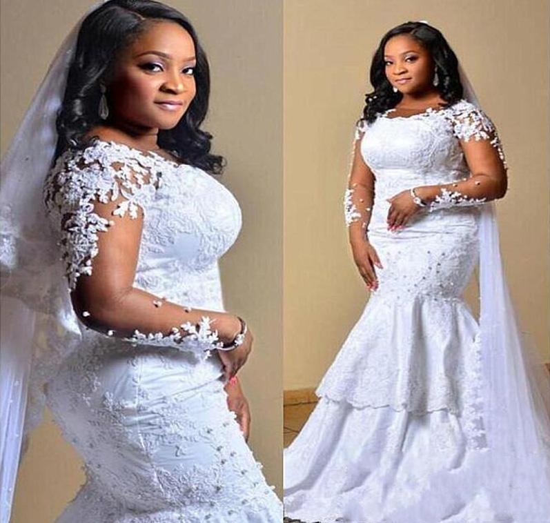 White Applique Lace Mermaid Wedding Dresses Simple long Sleeves Sweep Train Zipper Tiered Bridal Gown vestido de noiva Custom Made