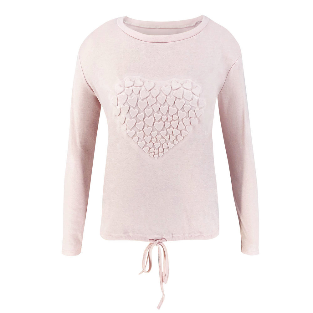 Features O-Neck Heart-Shaped Rope Long Sleeve Top For Women Autumn 2019 New Fashion Solid Casual Loose Splice Lacing T-Shirts T200107