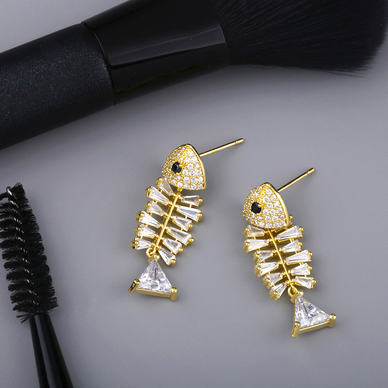 Shiny Bling Full Fish Skeleton S925 Silver Needle Dangle Drop Earrings White Zircon Gold Plated Earring Jewelry Wholesale