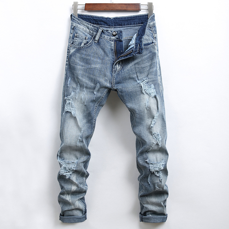 Ripped Denim Jeans Men Solid Color Casual Straight Slim Bleached Hole Washed Spring Summer Cowboy Fashion Wild Trousers, Blue
Ripped Denim Jeans Men Solid Color Casual Straight Slim Bleached Hole Washed Spring Summer Cowboy Fashion Wild Trousers, Blue