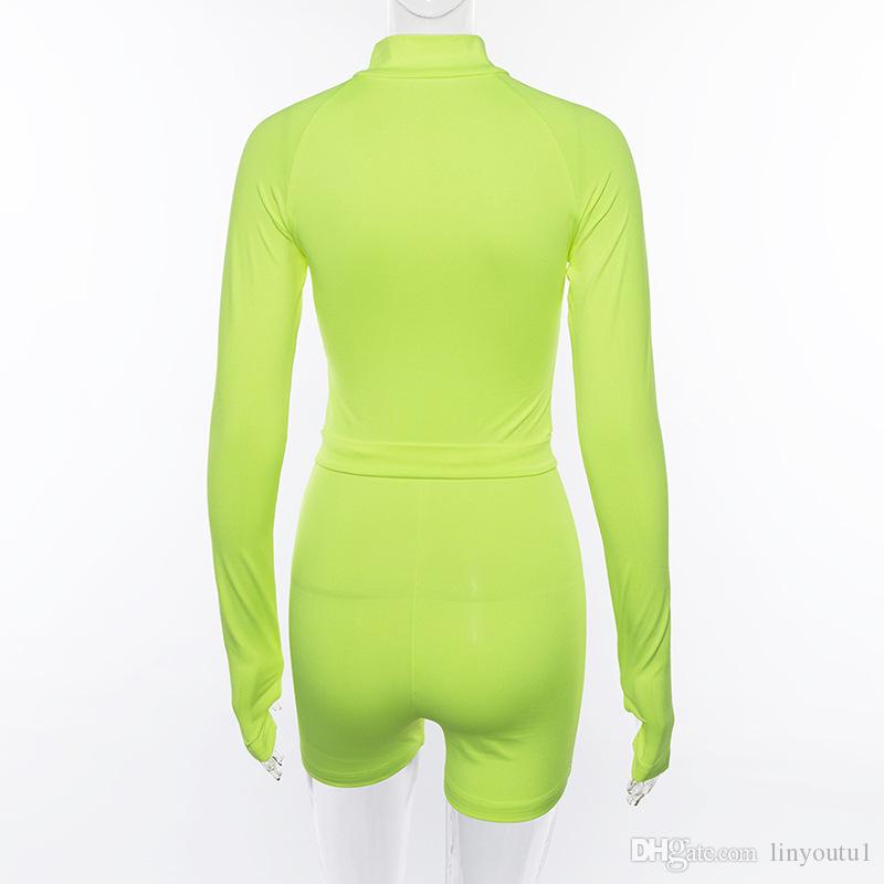 2020 Sexy Bodysuit Women Half Open Collar Long Sleeve Jumpsuit Shorts Sporting Outfit Tracksuits Ladies Solid Playsuit