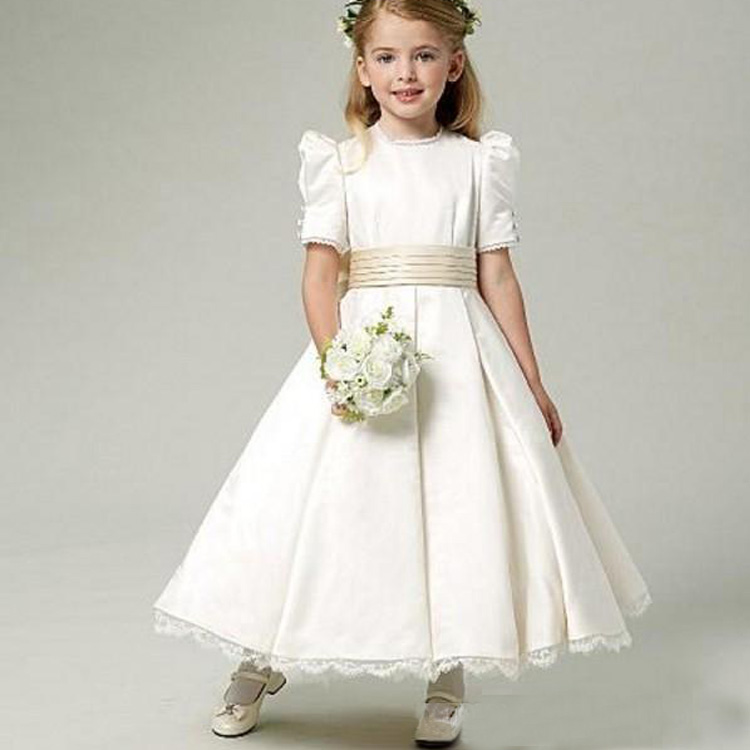 Satin Flower Girls Dresses Jewel Neck Half Sleeve Gowns With Bow Sash Ankle Length Kids Birthday First Holy Communion Dresses