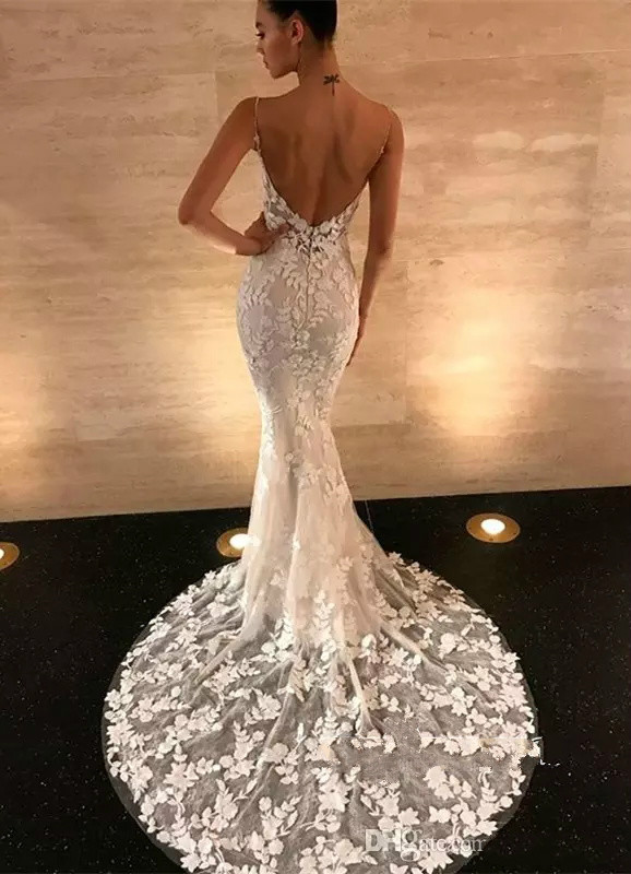 Lace Mermaid Dresses Spaghetti Straps Beaded Backless ral Appliqued Bridal Gowns Sleeveless Plus Size Bohemian Wedding Dress