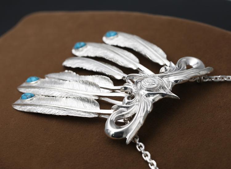 Brand new 925 sterling silver jewelry vintage Japanese style antique silver hand-made designer feather pendants necklaces for men