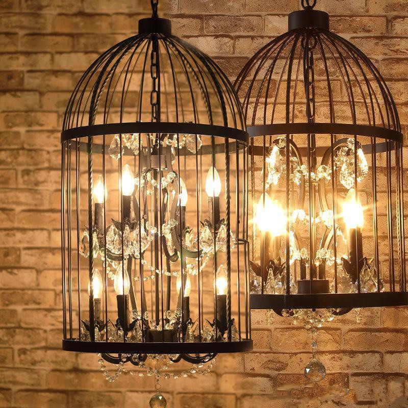 Loft Vintage American Rural creative chandelier clothing store restaurant iron pendant light crystal decorate birdcage pendant lamp