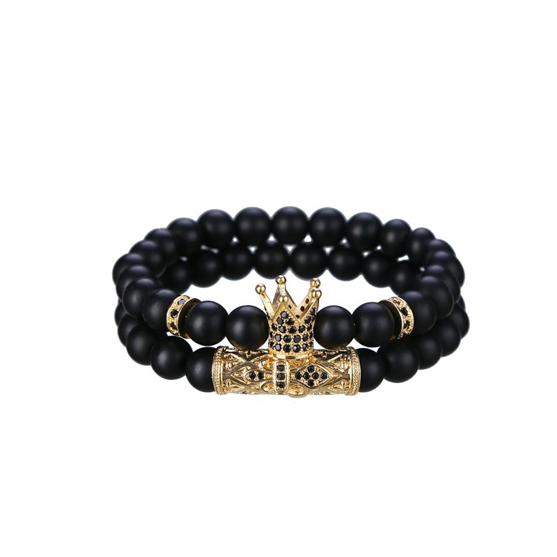 2 Set Bracelets - Matte Black Onyx 8MM Crown Men and Women Tattoo Personality Friendship Gift bracelet