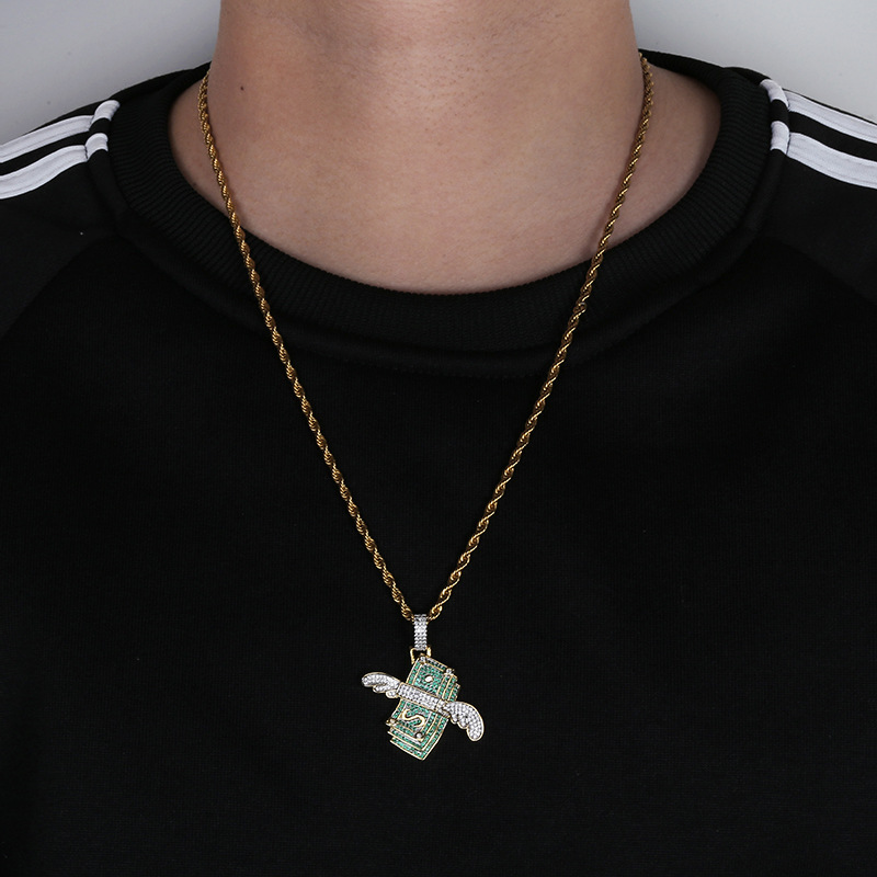 Rap Flying Dollar Pendant Necklace Hip Hop Shining Men Women 18K Gold Plated Pendant Necklace Jewelry