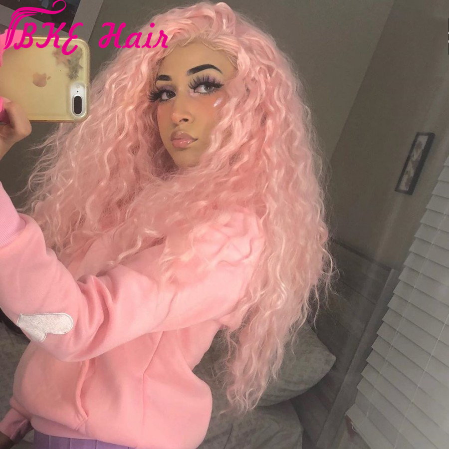 Long Curly Wigs Lace Front Wig Synthetic parrucca natural Pink Heavy Density Glueless Lace Wigs for Women Daily Wear