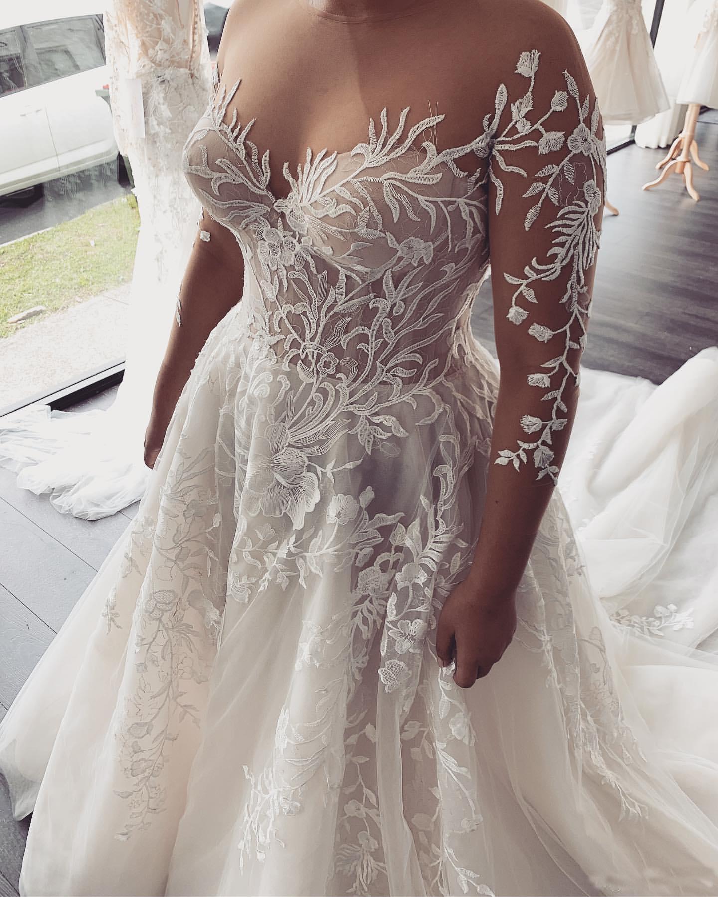 Sexy Cheap Lace Arabic Sheer Neck Long Sleeves Bridal Dresses Aline Tulle Wedding Gowns Zj553 0521