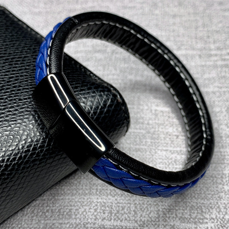 Braided Black Blue Leather Bracelet Men Fashion Stainless Steel Magnetic Buckle Male Wrist Band Charm Bracelets Bangles Gifts