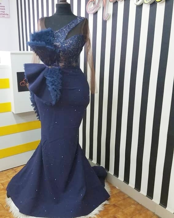 Navy Blue Lace Beaded Mermaid Evening Dress Sexy Formal Party Prom Dresses Long Sleeve