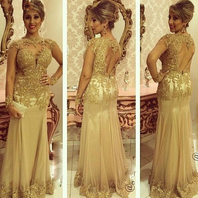 Elegant Gold Mother of the Bride Dresses Pearls Lace Appliques Long Sleeves Vestidos Sexy Open Back Formal Dress MD341
Elegant Gold Mother of the Bride Dresses Pearls Lace Appliques Long Sleeves Vestidos Sexy Open Back Formal Dress MD341