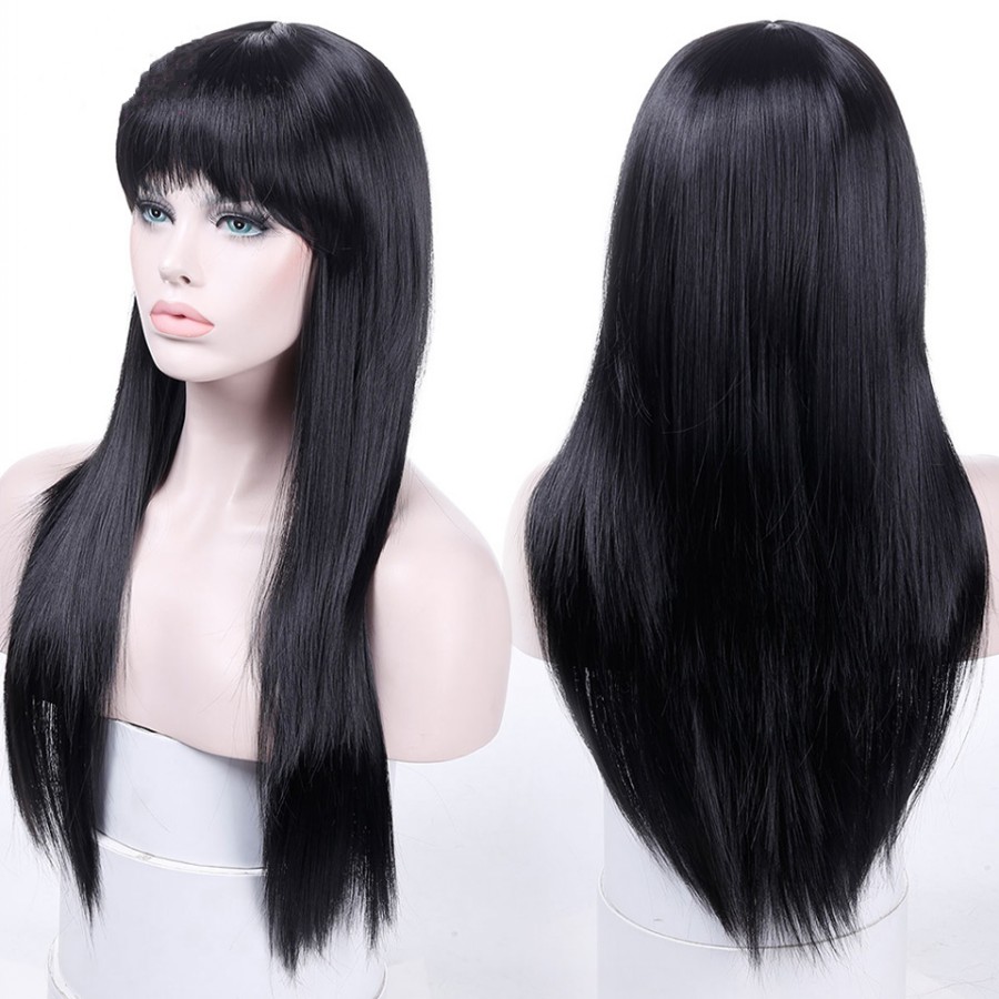 Long Straight Natural Hair Wigs With Bangs Womens simulation brazilian human hair wig Heat Resistance Black Brown for African American