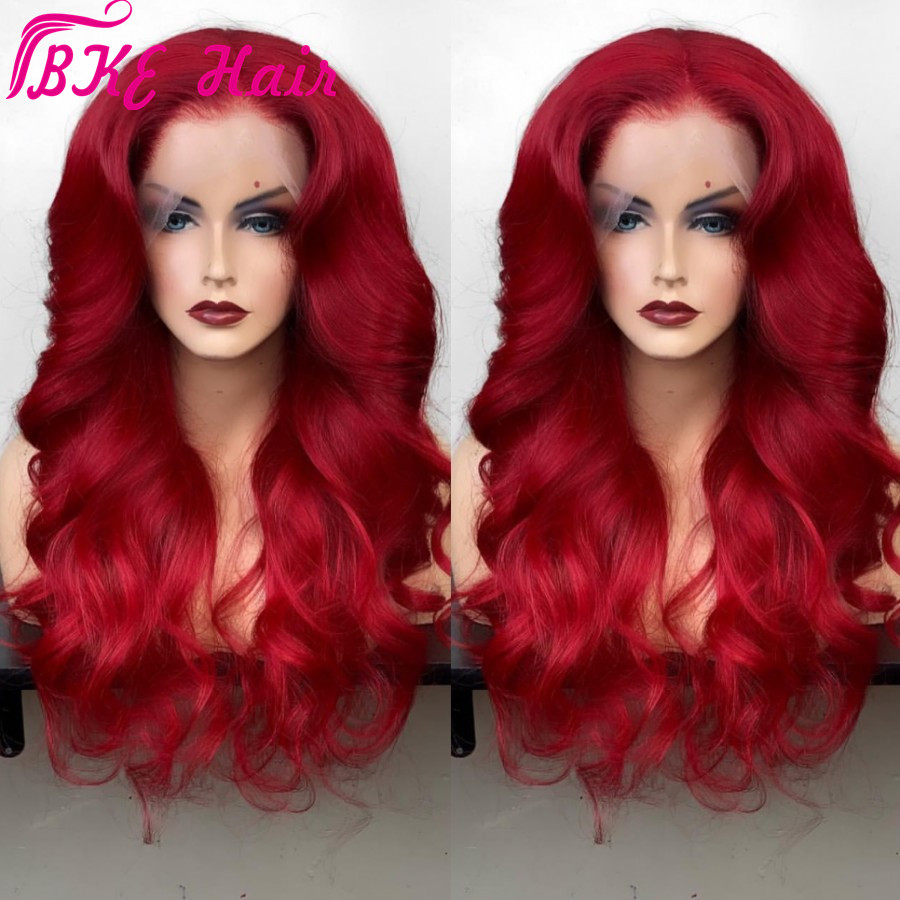 Bouncy wavy Red Lace Frontal Wigs Pre Plucked Deep Part Burgundy red Glueless synthetic Wig For Black Women can be braided