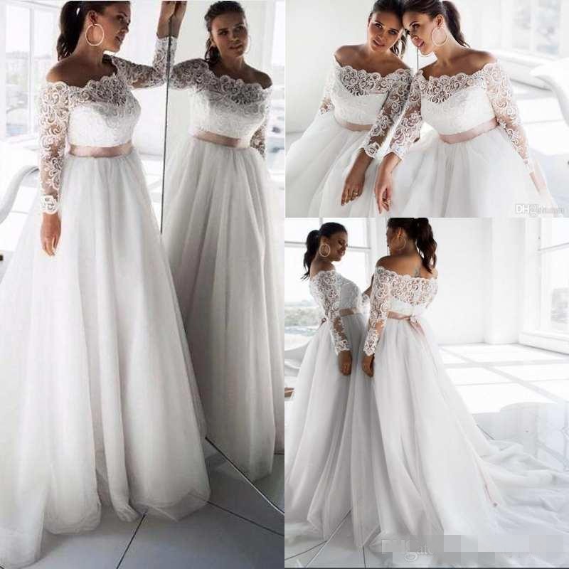 Elegant Off Shoulder Dresses Long Lace Sleeves Dusty Pink Ribbon Sweep Train Tulle Plus Size Wedding Bridal Gown Custom Made