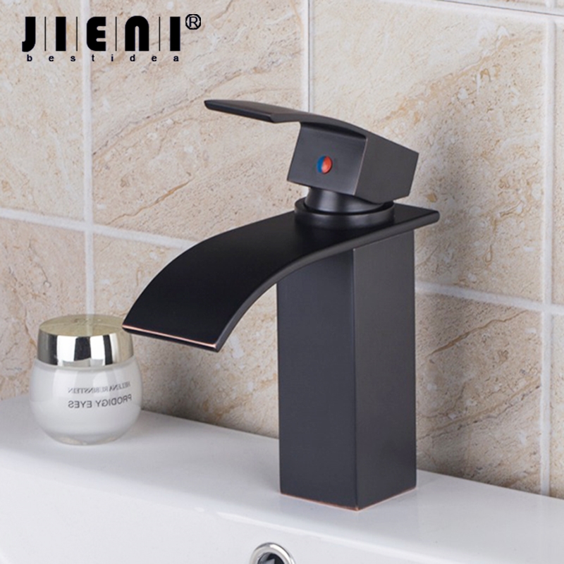 

JIENI Oil Rubbed Bronze Finish Deck Mounted Bathroom Basin Mixer Tap Faucet Single Handle Waterfall Spout Bath Tap
