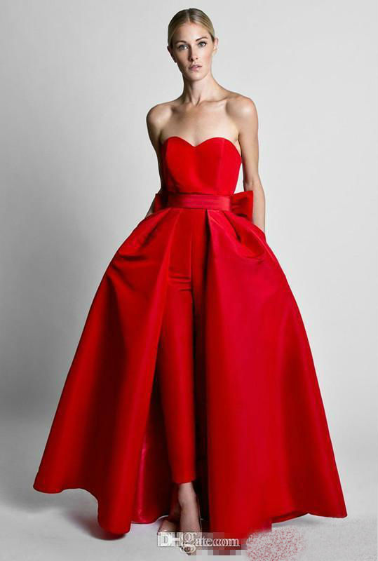 Krikor Jabotian Red Women Jumpsuits 2019 Prom Dresses Sweetheart Satin Bow Sash Evening Gowns With Detachable Train Long Part Dresses