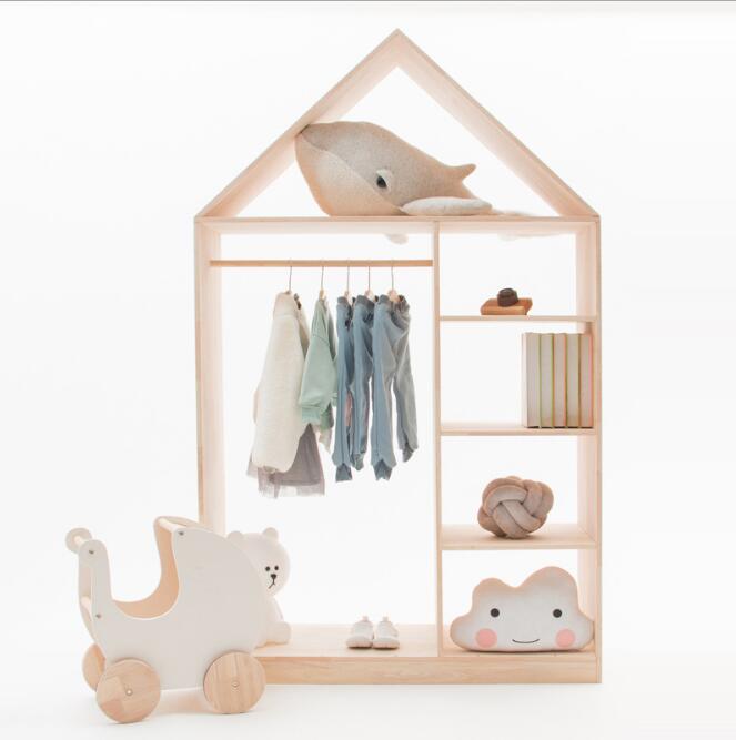Children's room shelf wardrobe bookshelf Children Furniture simple solid wood kids clothing store shelfs landing multi-layer hanger