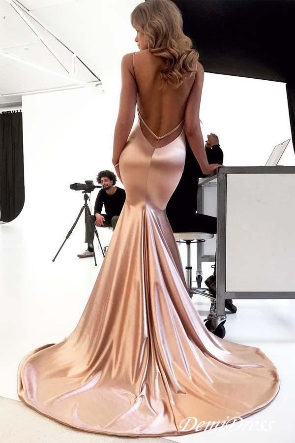 Sexy Nude Evening Party Dresses 2019 spaghetti Backless Sweep Train Backless Simple Stain Mermaid Occasion Red Carpet Prom Gown Cheap